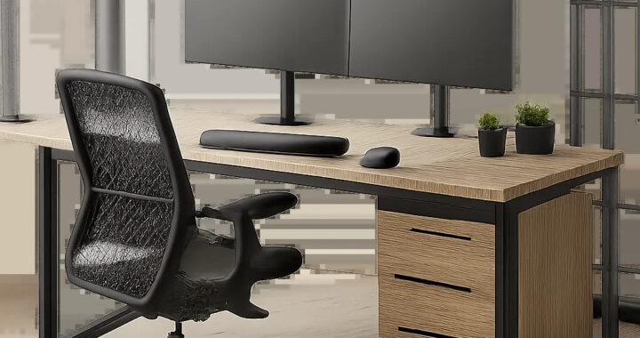 Un bureau en L haut de gamme aménage un angle de pièce avec une organisation claire et une surface de travail généreuse. L’ensemble évoque un espace ergonomique, sobre et adapté au télétravail intensif.