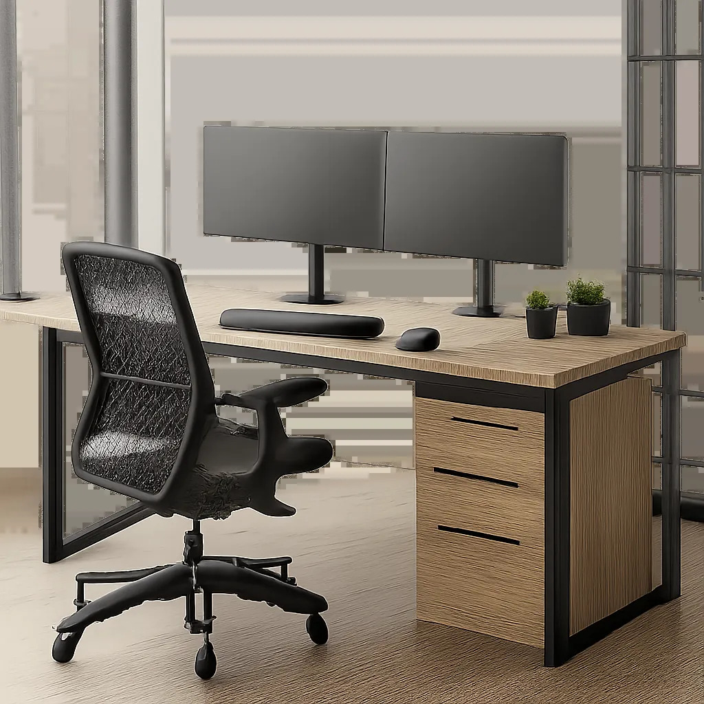 Un bureau en L haut de gamme aménage un angle de pièce avec une organisation claire et une surface de travail généreuse. L’ensemble évoque un espace ergonomique, sobre et adapté au télétravail intensif.